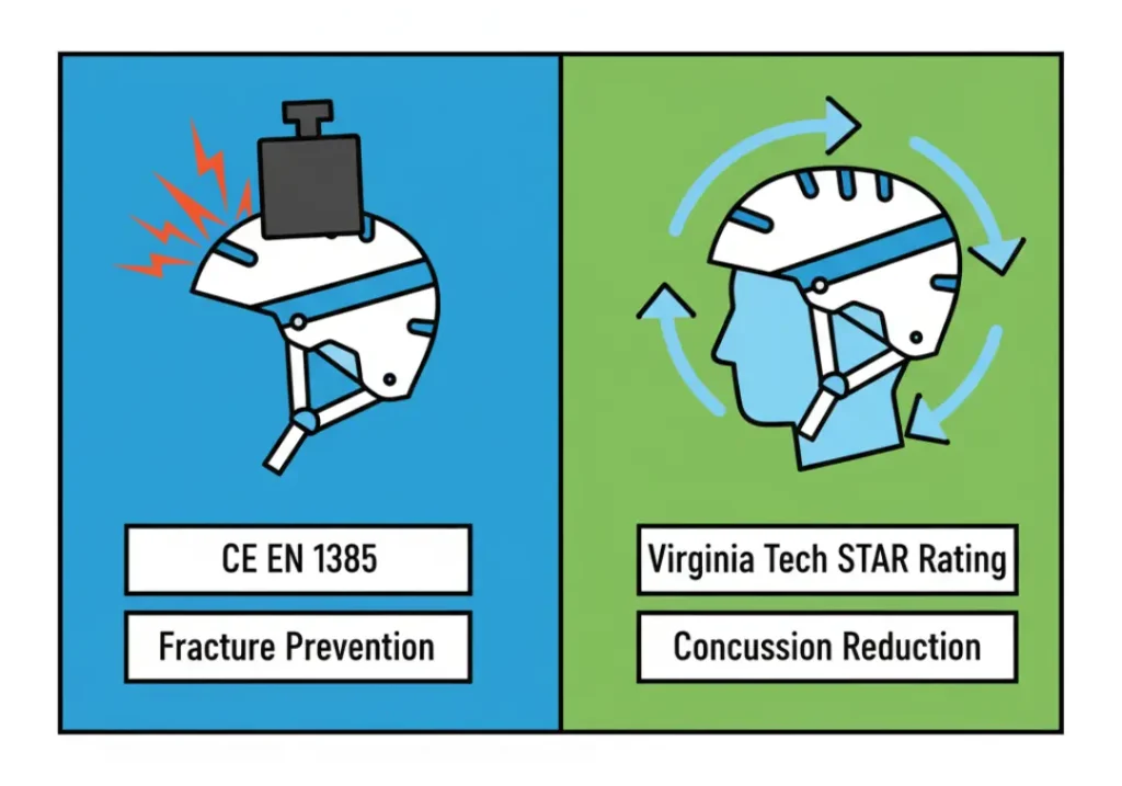 An infographic comparing two helmet safety standards. The left panel shows an icon for CE EN 1385, representing 'Fracture Prevention' with a direct impact. The right panel shows an icon for the Virginia Tech STAR Rating, representing 'Concussion Reduction' with rotational forces.