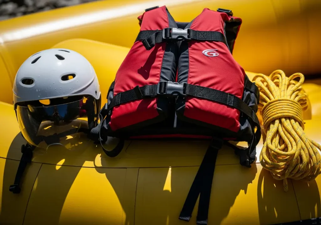 Essential whitewater rafting safety gear, including a PFD, helmet, and throw rope, laid out on the side of a raft.