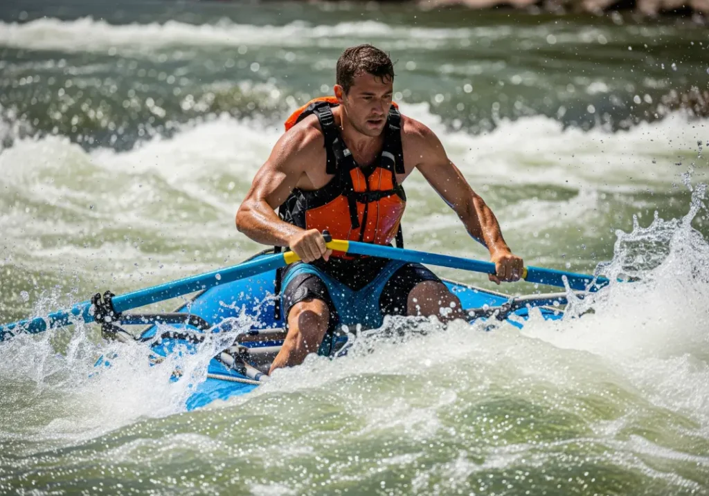 Full-body view of a man in boardshorts rowing a raft through challenging whitewater, demonstrating the unique demands of a rafting oar stroke.