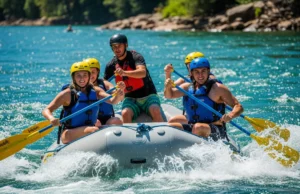 All Rafting Commands: A Paddler’s Essential Field Guide A full-body shot of a fit, young crew in a whitewater raft, paddling hard together through a sunlit rapid.