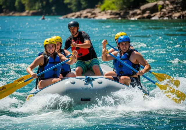 whitewater-rafting-crew-paddling-commands A full-body shot of a fit, young crew in a whitewater raft, paddling hard together through a sunlit rapid.