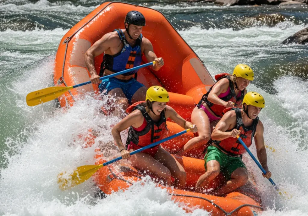 A group of four rafters in a raft on the verge of capsizing in a large rapid, showing one of the real dangers of whitewater rafting.