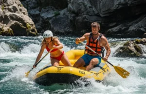 Rafting Risk by River Class: The Definitive Guide A fit young couple in a raft navigating an intense whitewater rapid, illustrating the dangers and skills involved in rafting.