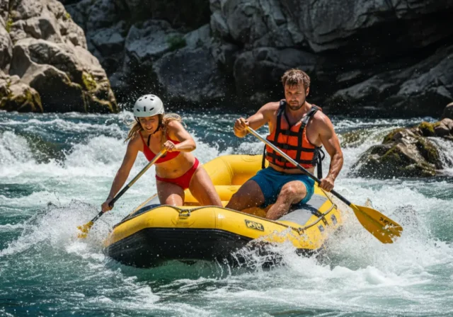 A fit young couple in a raft navigating an intense whitewater rapid, illustrating the dangers and skills involved in rafting.