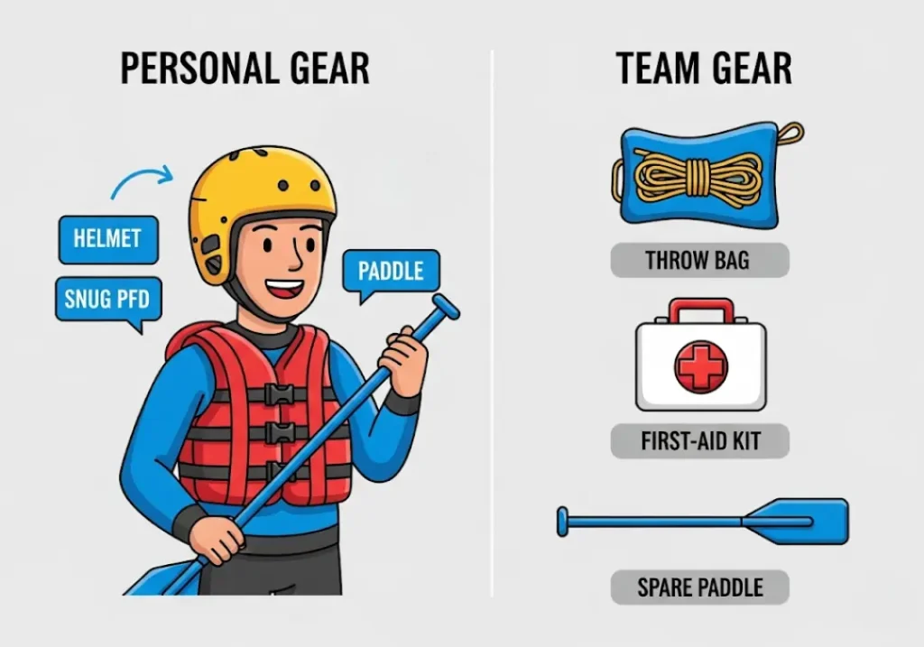An infographic checklist of essential rafting safety gear. It shows a rafter wearing a helmet and PFD, and icons for a throw bag, first-aid kit, and spare paddle