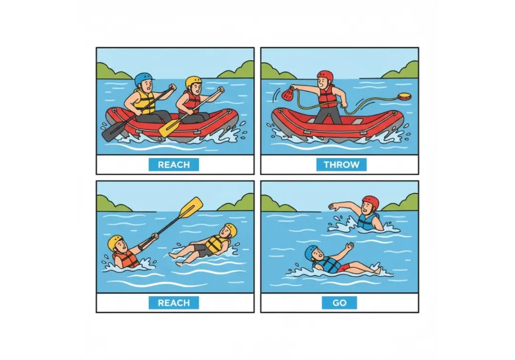 An infographic illustrating the 4-step whitewater rescue hierarchy: Reach with a paddle, Row the boat to the swimmer, Throw a rescue rope, and Go into the water as a last resort.