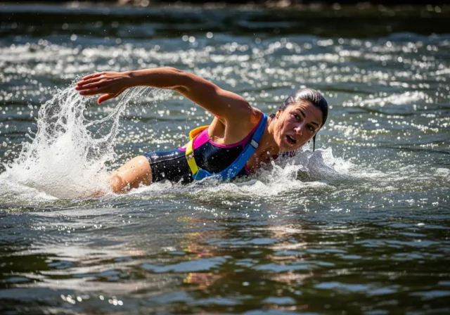 whitewater-self-rescue-aggressive-swimming A full-body shot of a fit woman in a swimsuit and life jacket aggressively swimming through whitewater rapids.