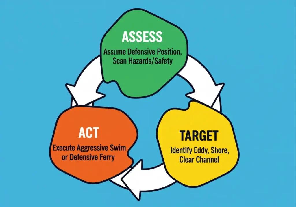 A circular flowchart diagram illustrating the 'Assess, Target, Act' framework for whitewater self-rescue. The three steps are shown in a continuous loop: Assess, Target, and Act, each with a brief description.
