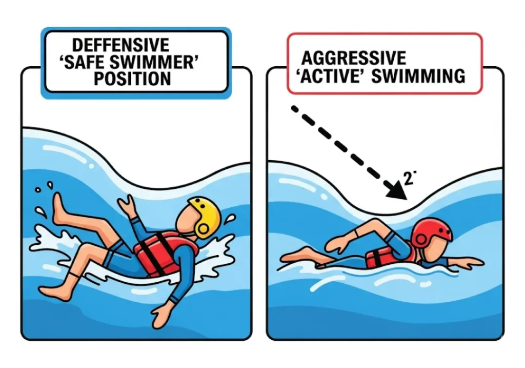 An infographic diagram comparing the two whitewater self-rescue swimming techniques: the Defensive "Safe Swimmer" Position (on back, feet first) and the Aggressive "Active" Swimming position (on stomach, freestyle stroke)