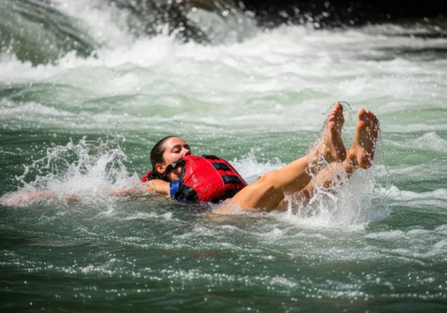 whitewater-swimmer-defensive-position A full-body shot of a young woman in a one-piece swimsuit and PFD floating on her back in the defensive swim position down a whitewater rapid.