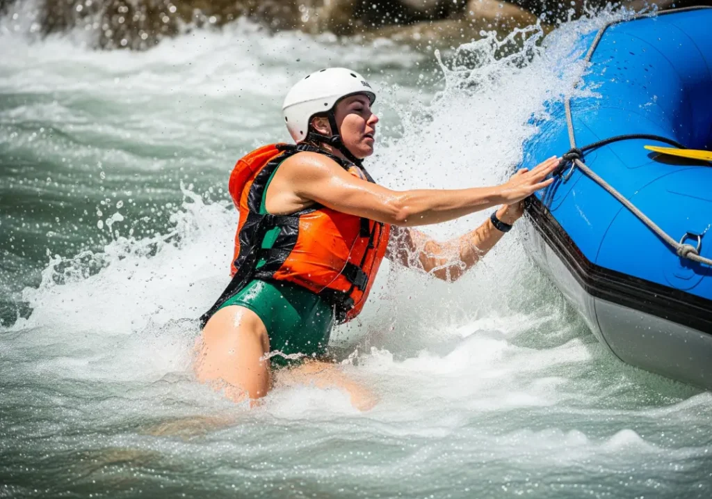 Full-body shot of a fit woman in her late 20s wearing a life jacket and helmet, swimming in whitewater and grabbing the side of a raft.