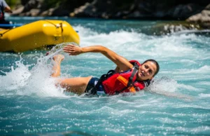 From Under the Raft: Mastering the Whitewater Swim A full-body shot of a fit woman in her late 20s swimming in a whitewater rapid, wearing a one-piece swimsuit and a PFD, with her raft nearby.
