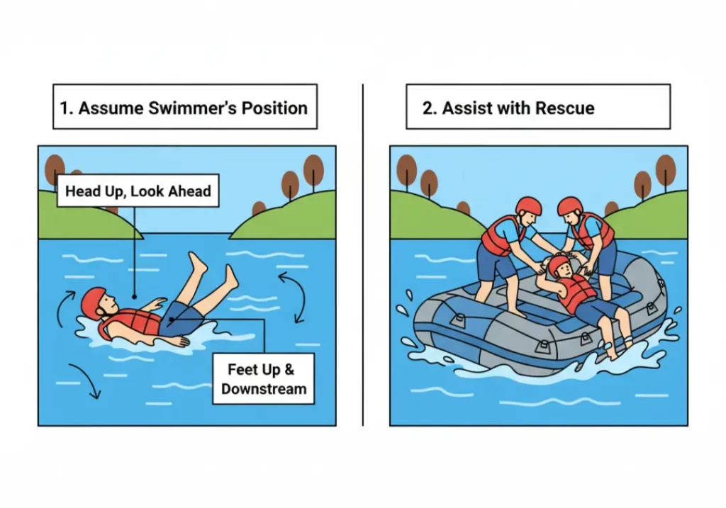 A two-panel infographic showing the protocol for falling in the water. Panel 1 shows a person in the 'Swimmer's Position' on their back with feet up. Panel 2 shows teammates pulling the swimmer back into the raft by their PFD shoulder straps.