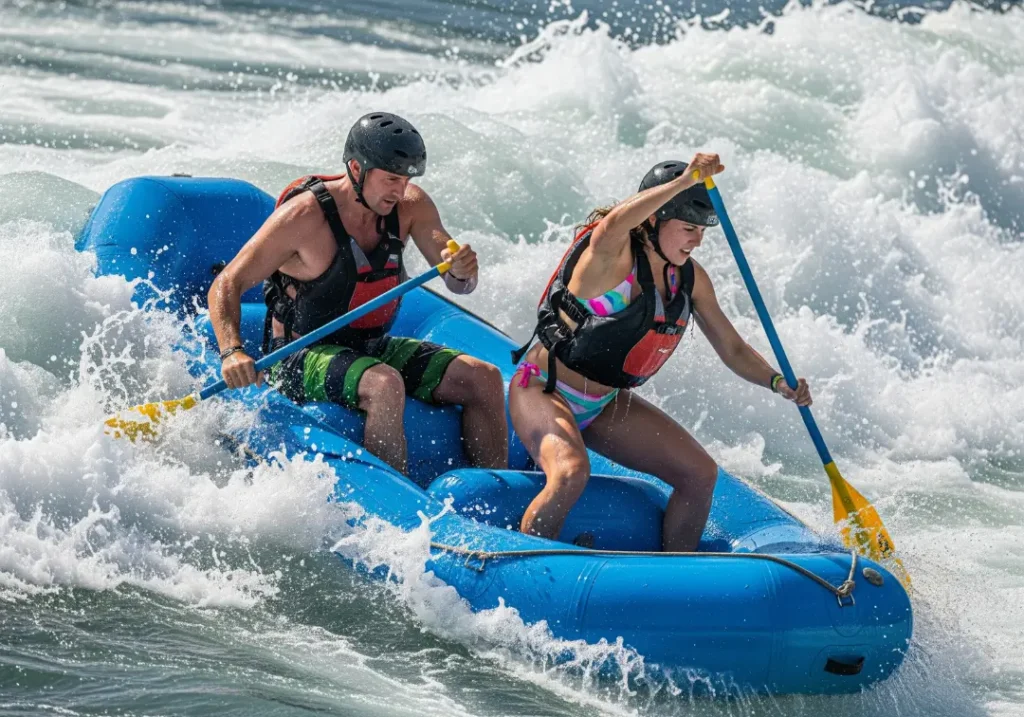 A fit couple in their late 20s, wearing helmets and PFDs, paddle their raft hard through a large wave in a whitewater rapid