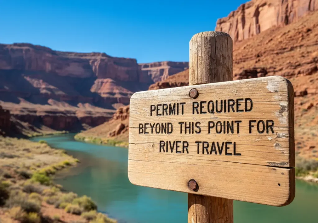 A wooden sign at a river launch point that reads "Permit Required," with a beautiful, protected river canyon in the background.