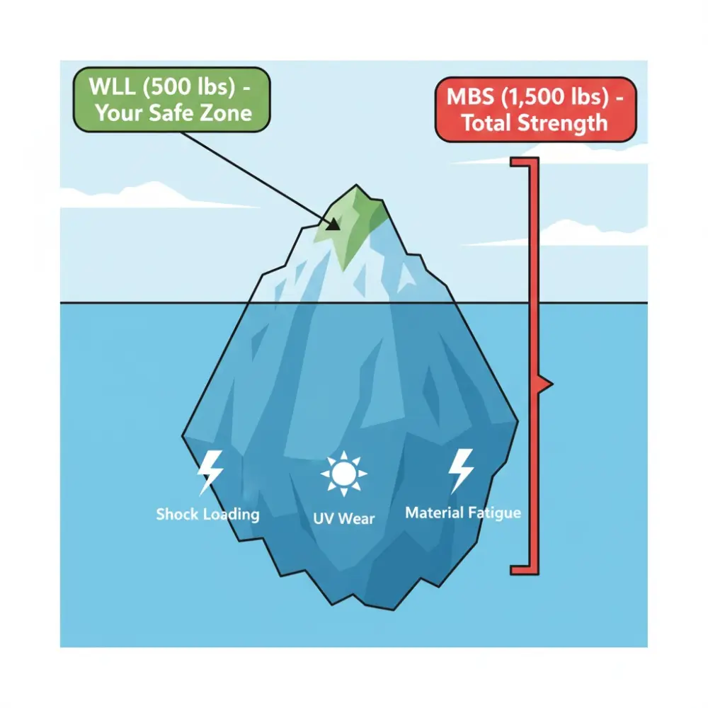 An infographic using an iceberg analogy to explain the difference between WLL and MBS. The small, visible tip of the iceberg is labeled as the safe Working Load Limit (WLL), while the entire iceberg represents the total Minimum Breaking Strength (MBS). The hidden underwater portion lists real-world risks like shock loading, UV wear, and material fatigue.