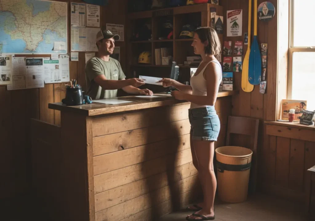 A full-body shot of a young woman handing a tip envelope to staff at the front desk of a rustic river outfitter's office.