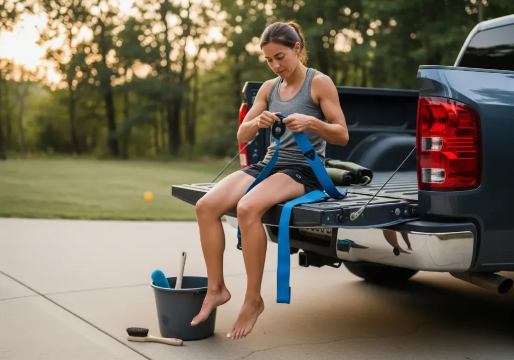Full-body shot of a woman carefully inspecting the webbing of a cam strap for damage as part of her gear maintenance routine.