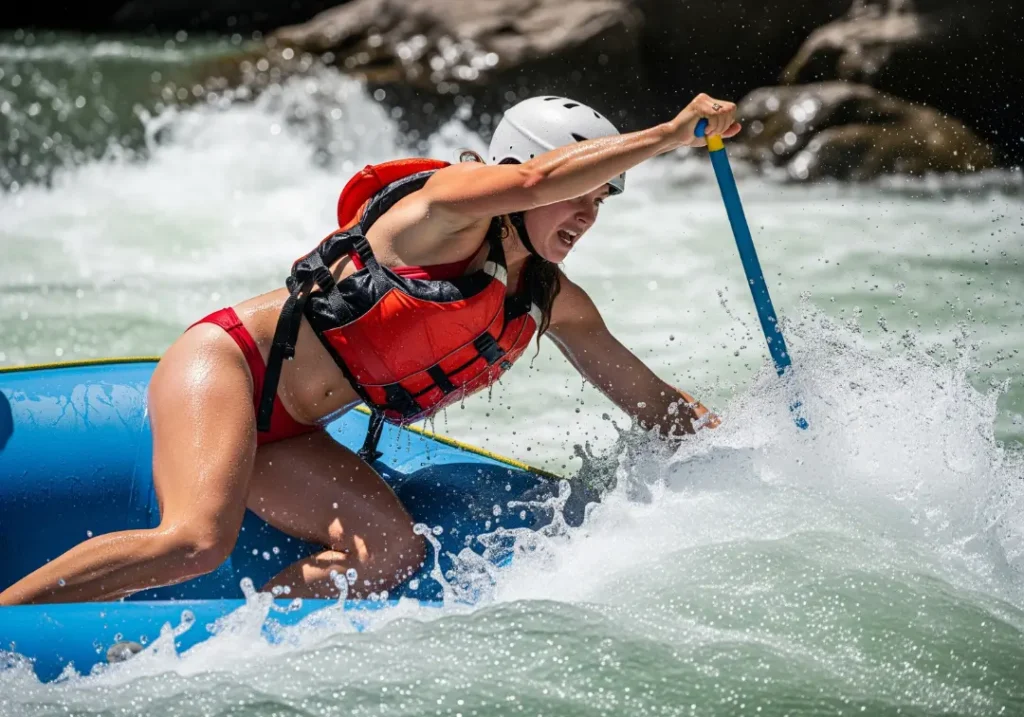 Full-body action shot of a fit woman in a bikini and PFD, paddling hard through a large rapid on the Pacuare River.