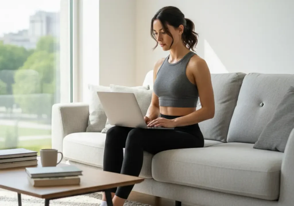 A full-body shot of a fit woman in her late 20s sitting on her couch, using a laptop to vet a rafting company before booking a trip.
