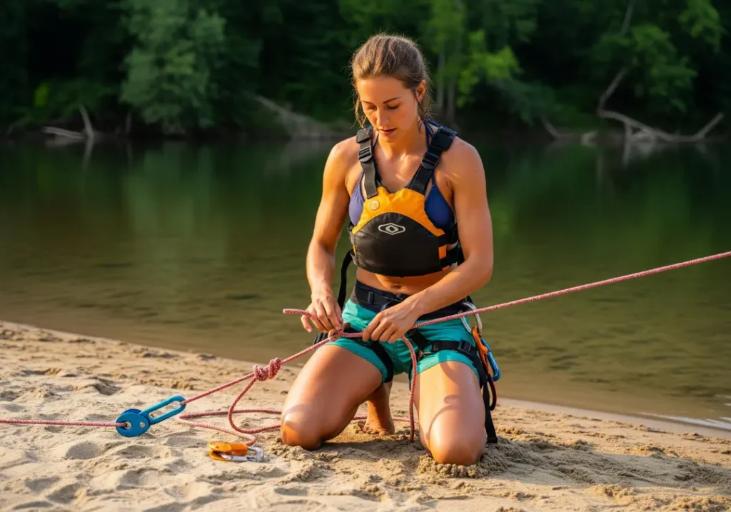 A woman in a PFD and boardshorts kneels on a riverbank, demonstrating the step-by-step process of tying a Prusik knot for a Z-Drag system.