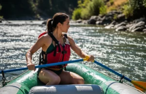 How to Row a Raft: Master Technique & Read the River A full-body shot of a fit young woman in a bikini and life jacket skillfully rowing a large raft down a sunny river.