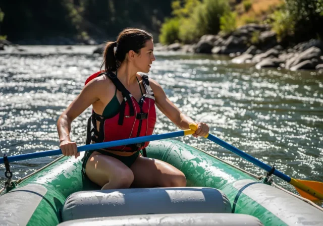 woman-rowing-raft-river A full-body shot of a fit young woman in a bikini and life jacket skillfully rowing a large raft down a sunny river.