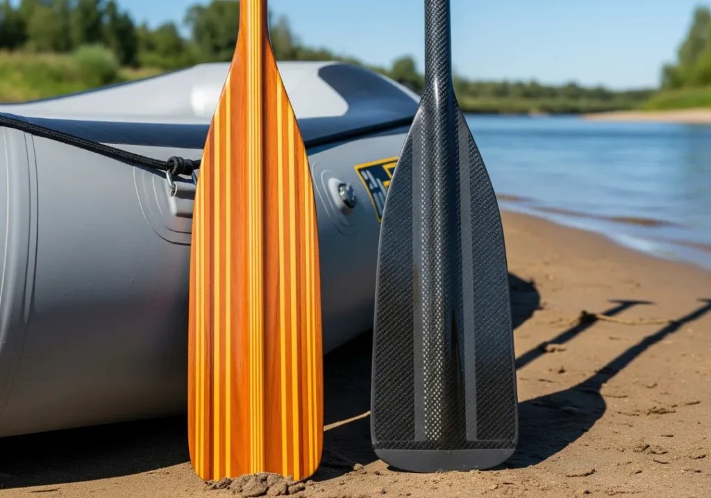 A wooden rafting oar and a carbon fiber rafting oar leaning next to each other against a raft for a direct material comparison.