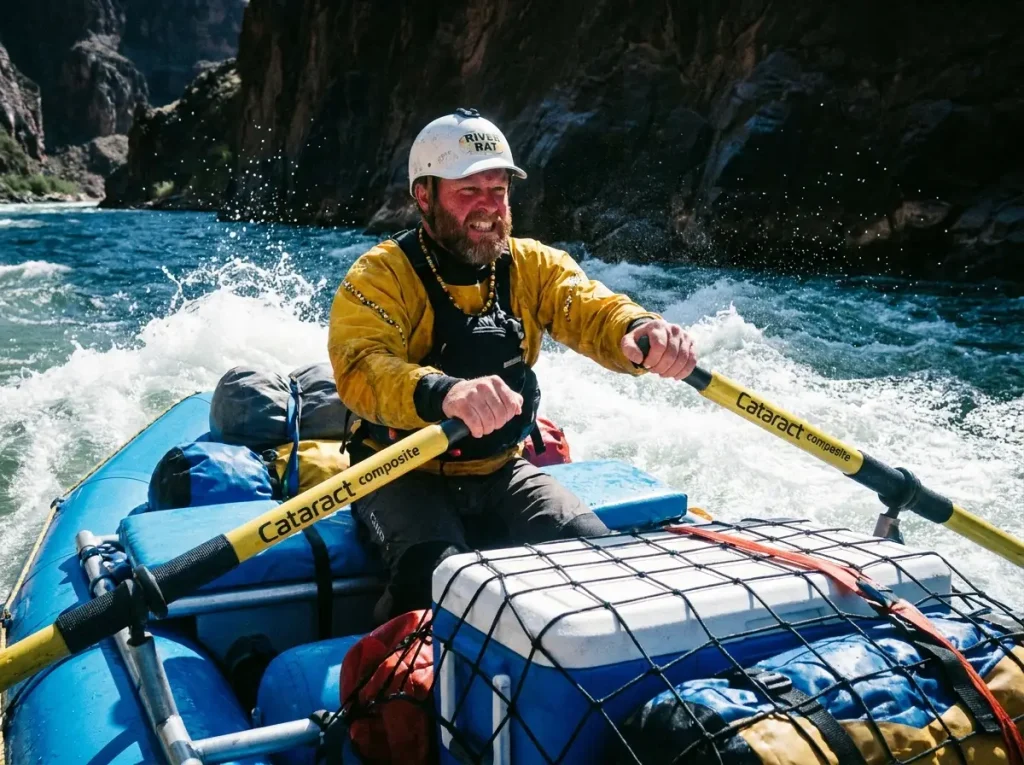 Rafter powering Cataract composite oars through a wave train on big water