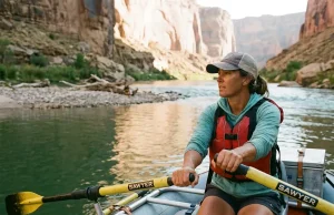 Wood vs Carbon Rafting Oars What Most Rafters Get Wrong Rafter rowing an oar rig with Sawyer composite oars on a calm desert river reach