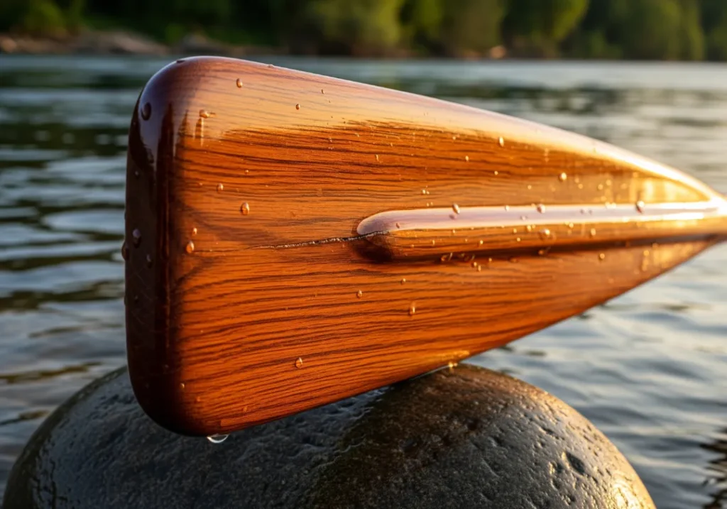 A detailed close-up of a classic wooden rafting oar blade, highlighting its rich wood grain in warm, golden sunlight.