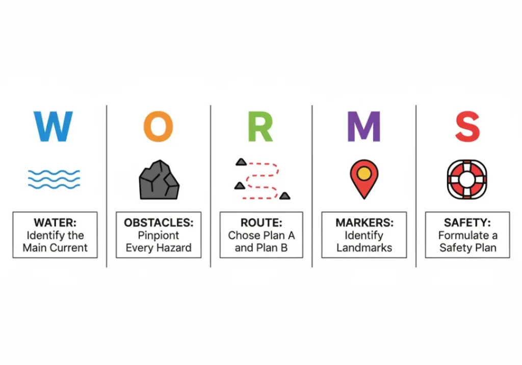 An infographic checklist illustrating the W.O.R.M.S. river scouting method, with icons for Water, Obstacles, Route, Markers, and Safety.