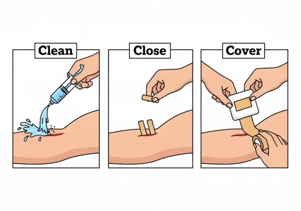 A 3-panel infographic illustrating the "Clean, Close, Cover" method for wound care. The first panel shows a wound being irrigated, the second shows it being closed with adhesive strips, and the third shows it being covered with a sterile dressing.