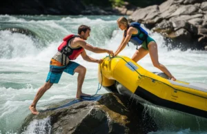 Raft Wrap-Risk Score: A Guide to Prevention & Recovery A full-body shot of a young man and woman in swimwear and PFDs working together to unpin their raft from a large boulder in a whitewater rapid.
