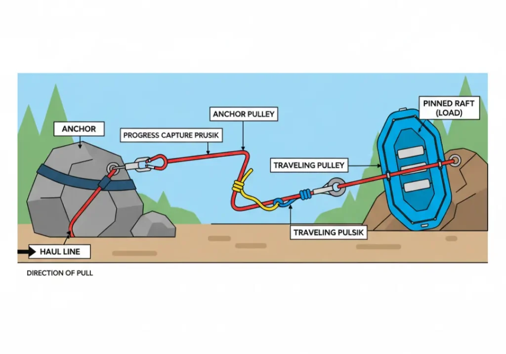 A detailed infographic diagram illustrating the components and rigging of a 3:1 Z-Drag mechanical advantage system, showing the anchor, pulleys, prusiks, and rope path from the load to the haul line.