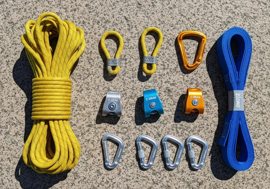 A flat lay of essential Z-Drag rescue gear, including static rope, pulleys, carabiners, Prusik loops, and webbing, arranged on a rock.