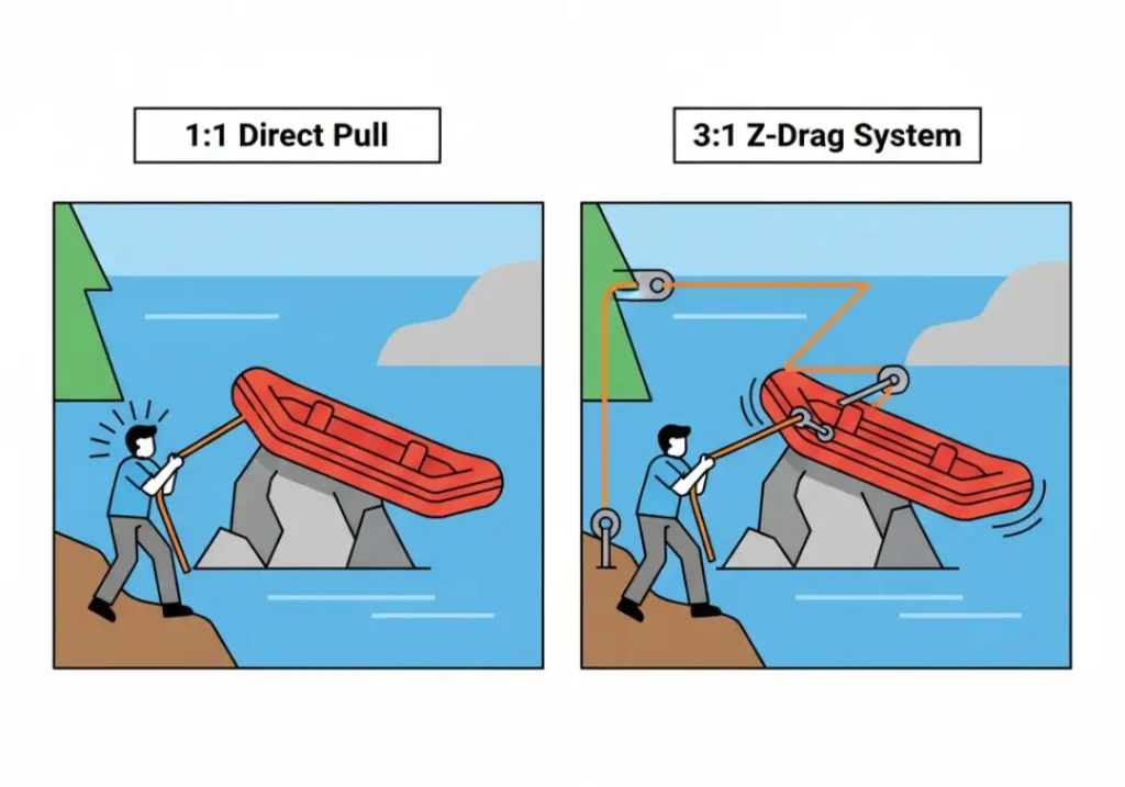 A two-panel diagram comparing a direct pull to a Z-Drag system. The first panel, labeled "1:1 Direct Pull," shows a person failing to move a raft stuck on a rock. The second panel, labeled "3:1 Z-Drag System," shows how using anchors and pulleys multiplies force, allowing the person to successfully move the raft.