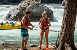 Z-Drag Rescue System: A Rafter’s Essential Safety Guide A man and woman in PFDs on a riverbank rigging a Z-drag rope system to rescue a pinned raft in the background.