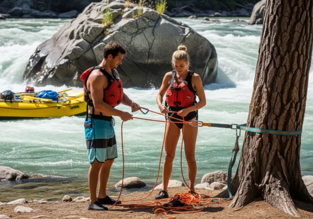 z-drag-rescue-rafters-guide A man and woman in PFDs on a riverbank rigging a Z-drag rope system to rescue a pinned raft in the background.