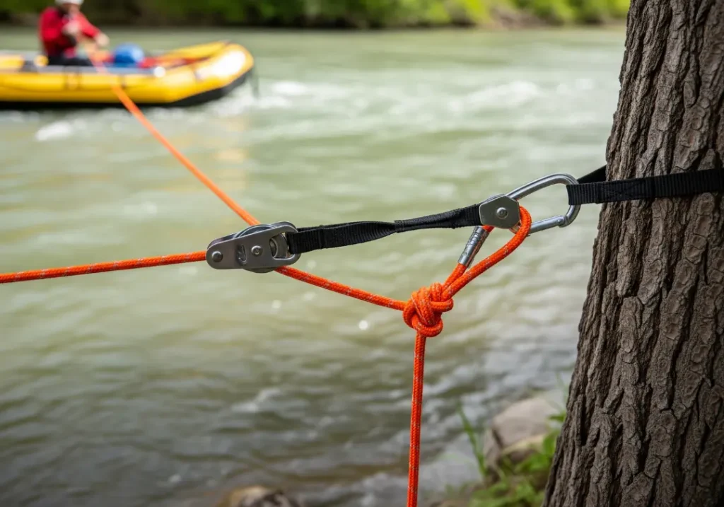 A close-up of a Z-drag mechanical advantage system with ropes, pulleys, and prusik knots anchored to a tree for a river rescue.