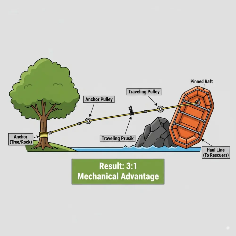 An infographic diagram showing a fully assembled 3:1 Z-drag mechanical advantage system used in river rescue, in a modern explainer cartoon style with bold outlines on a clean background.
