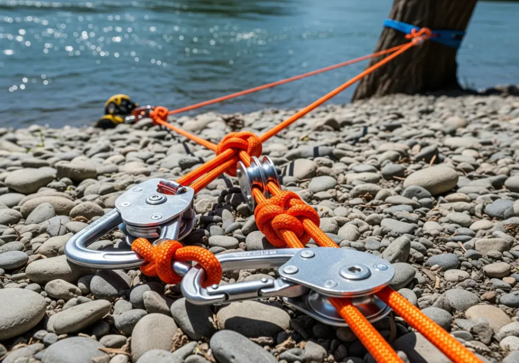 A clear depiction of a fully rigged 3:1 Z-Drag system laid out on river rocks, showing the rope, pulleys, and Prusik knots in their characteristic Z-shape.