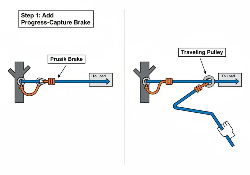 A two-panel infographic illustrating how to rig a Z-drag system. Step 1 shows adding a progress-capture Prusik brake to the mainline. Step 2 shows adding the traveling pulley and routing the haul line to complete the 3:1 mechanical advantage system.