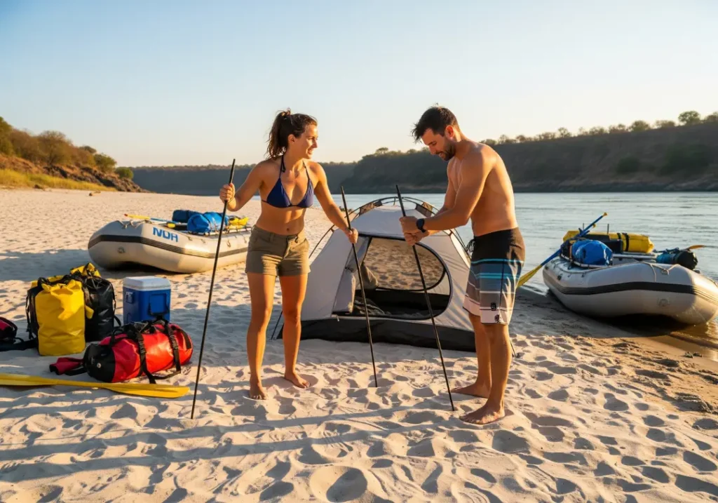 A man and woman setting up their tent on a sandy beach campsite next to the Zambezi River, with rafts and gear ready for a multi-day expedition.