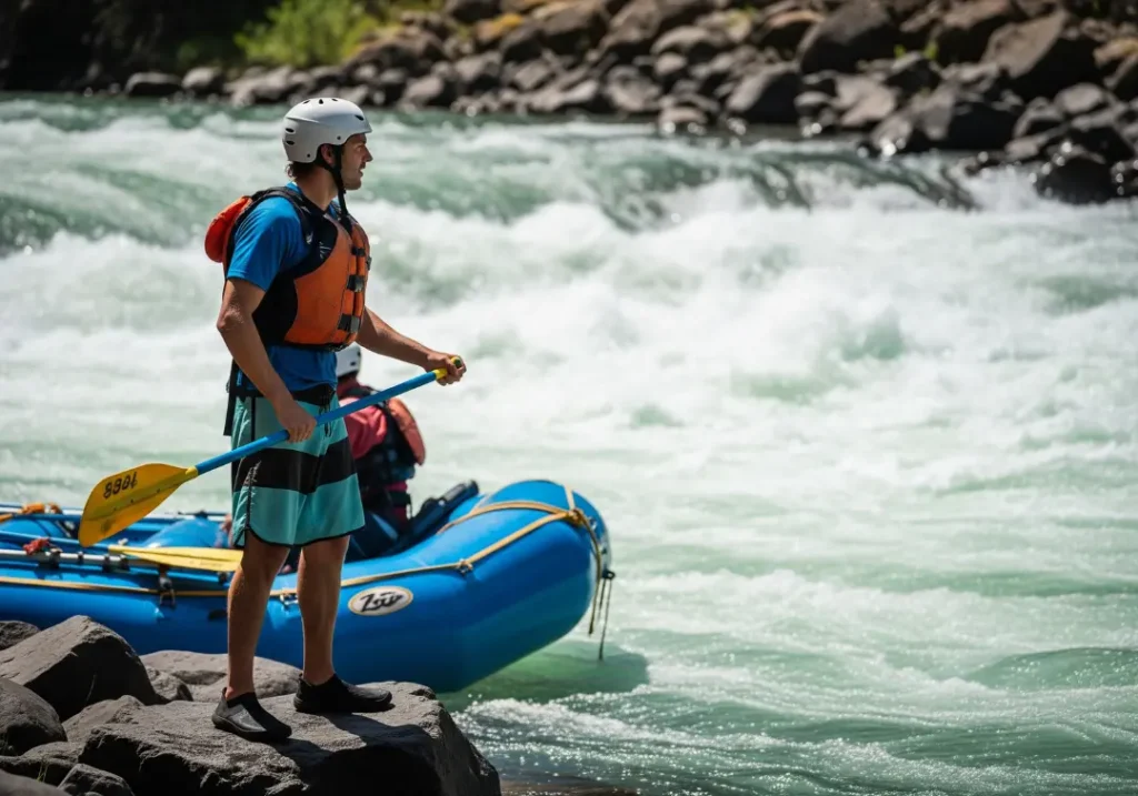 A full-body shot of a male river guide in full gear, standing on a riverside boulder to scout the line through a large, turbulent rapid on the Zambezi.