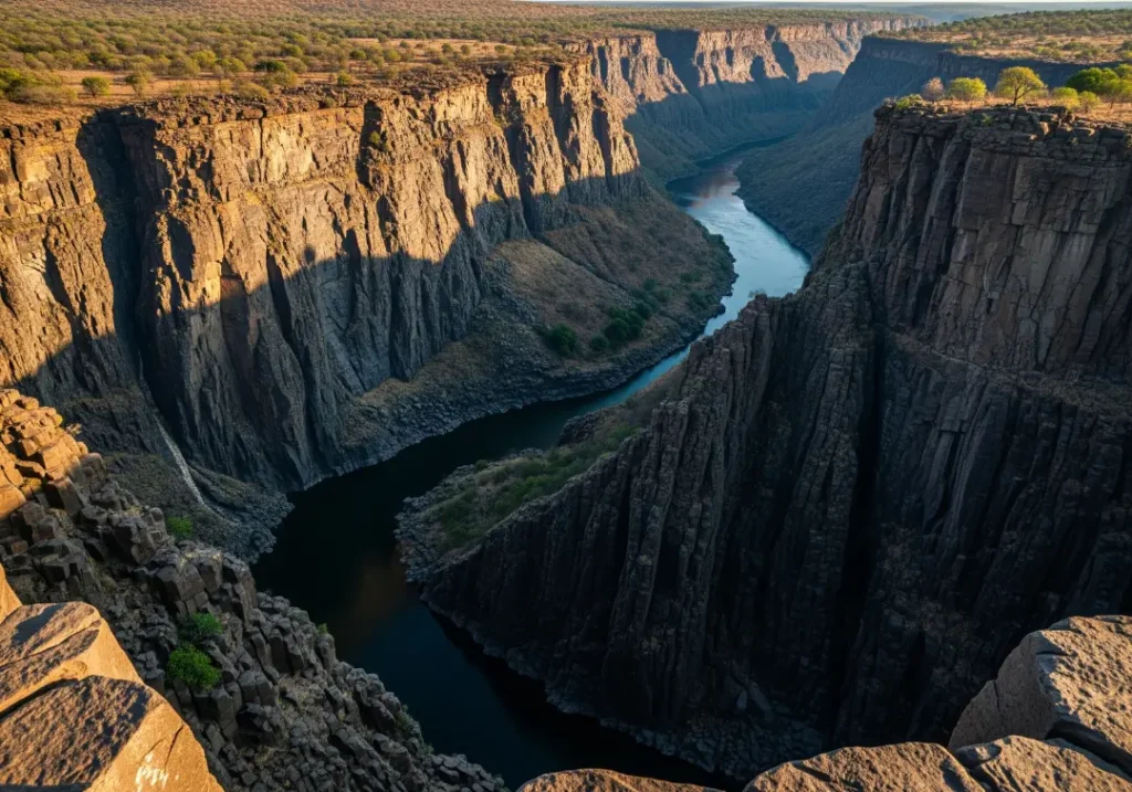 A dramatic, high-angle view of the Zambezi River making a sharp zigzag turn deep within the dark, fractured basalt cliffs of the Batoka Gorge.