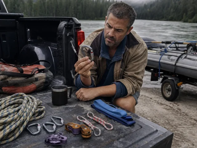 0-raft-pin-kit-components-laid-out Raft pin kit components laid out on a tailgate with locking carabiners counted before a river trip