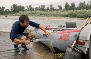 Why Rafting Gear Maintenance Isn’t a Once-a-Year Job Boater rinsing sand off an inflatable raft at a river takeout, rafting gear maintenance