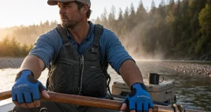 8 Rafting Gloves Compared for Grip and Warmth Fingerless rafting gloves gripping an oar at first light before a river launch
