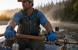 8 Rafting Gloves Compared for Grip and Warmth Fingerless rafting gloves gripping an oar at first light before a river launch